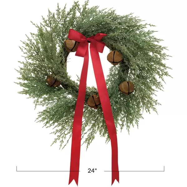 imageCreative CoOp Round Faux Wreath with Red Ribbon and Rust Finish Metal Bells