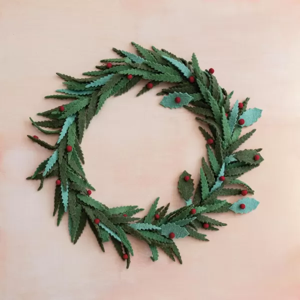 imageCreative CoOp Round Handmade Wool Felt Leaves Wreath with Berries Green and Red