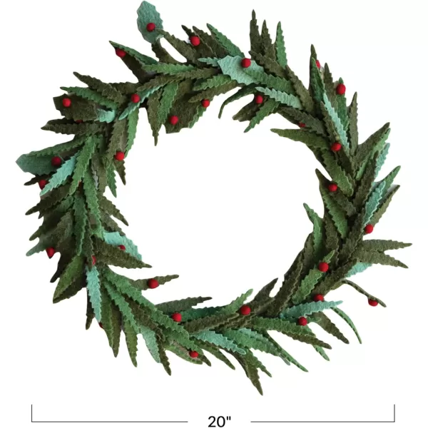 imageCreative CoOp Round Handmade Wool Felt Leaves Wreath with Berries Green and Red