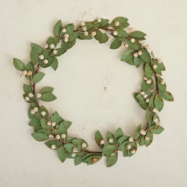 imageCreative CoOp Round Painted Metal Leaf and Berry Wreath Green and Antique Pink