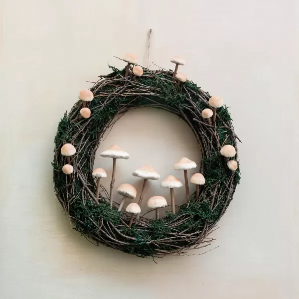 imageCreative CoOp Round Twig and Moss Wreath with Foam Mushrooms Natural and Tan Color