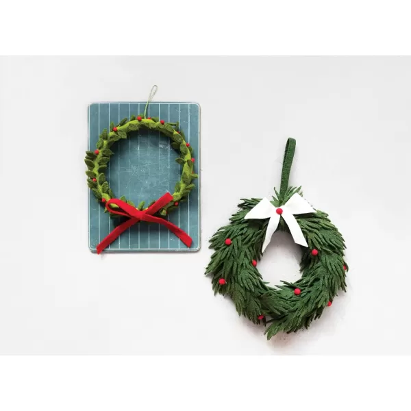 imageCreative CoOp Round Wool Felt Wreath with Berries and Velvet Bow Green and Red
