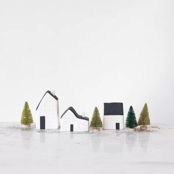 imageCreative CoOp Stoneware LED Houses Decor White and Black Set of 3