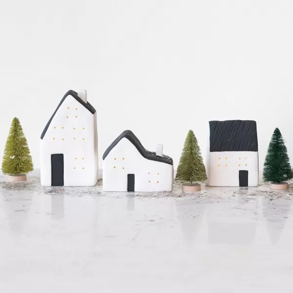 imageCreative CoOp Stoneware LED Houses Decor White and Black Set of 3