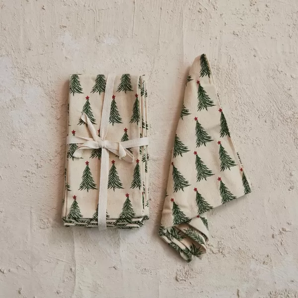 imageCreative CoOp Stonewashed Cotton Napkins with Christmas Tree Print Natural Green and Red Set of 4