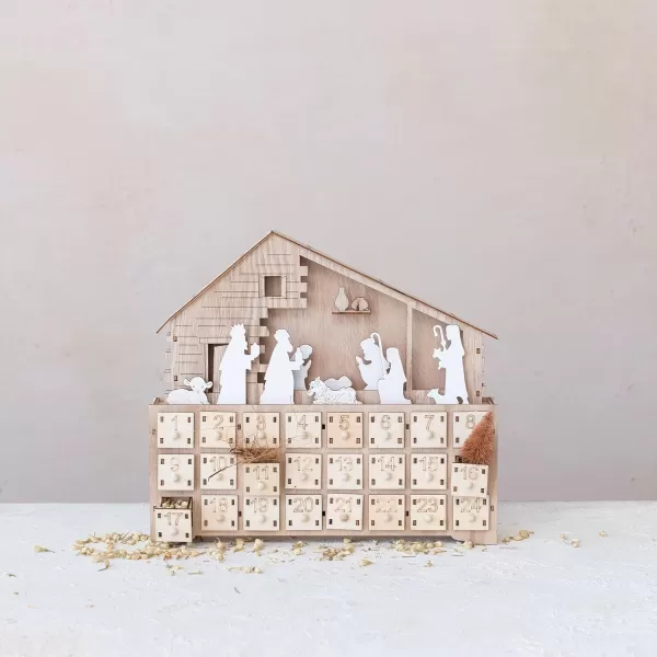 imageCreative CoOp Wood Laser Cut Nativity Advent Calendar with LED Light and Drawers Natural