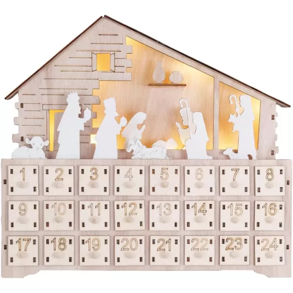 imageCreative CoOp Wood Laser Cut Nativity Advent Calendar with LED Light and Drawers Natural