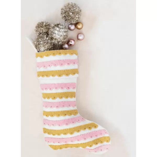 imageCreative CoOp Wool Felt Stocking with Appliqued Scallops and Beads Pink Cream and Mustard
