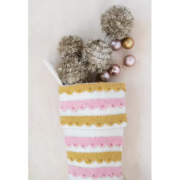 imageCreative CoOp Wool Felt Stocking with Appliqued Scallops and Beads Pink Cream and Mustard