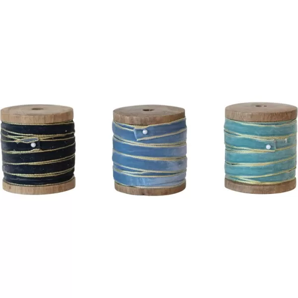 imageCreative CoOp 10 Yard Velvet Ribbon on Wood Spool Set of 3 ColorsBlue