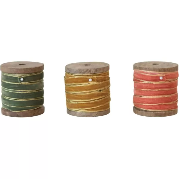 imageCreative CoOp 10 Yard Velvet Ribbon on Wood Spool Set of 3 ColorsGreen  Gold  Coral