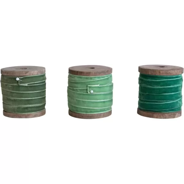 imageCreative CoOp 10 Yard Velvet Ribbon on Wood Spool Set of 3 ColorsGreen