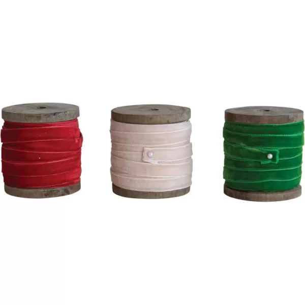 imageCreative CoOp 10 Yard Velvet Ribbon on Wood Spool Set of 3 ColorsRed  Cream  Green