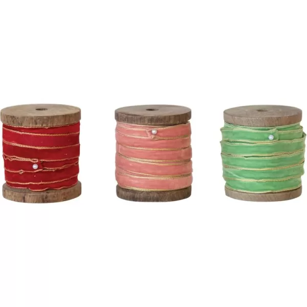 imageCreative CoOp 10 Yard Velvet Ribbon on Wood Spool Set of 3 ColorsRed  Pink  Green
