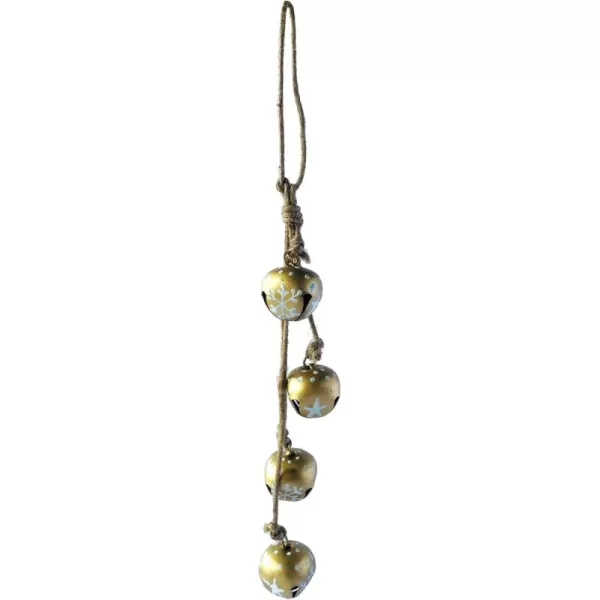 imageCreative CoOp 9quot H Hanging Metal Jingle Bells with HandPainted StarsSnowflakes on Jute Rope Hanger Gold Finish White and Natural