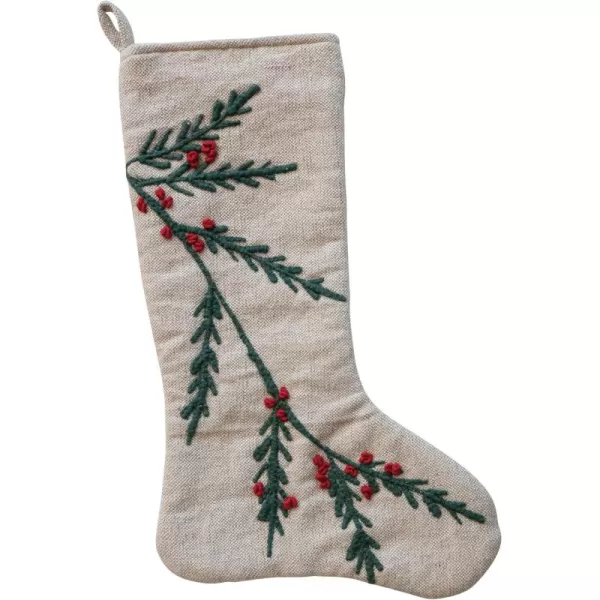 imageCreative CoOp Green and Red Woven Cotton and Jute Stocking with Embroidered Holly and Berries Natural