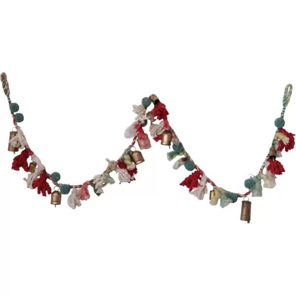 imageCreative CoOp Handmade Wool and Cotton Blend Garland with Pom Poms and Metal Bells Multicolor and Antique Gold Finish