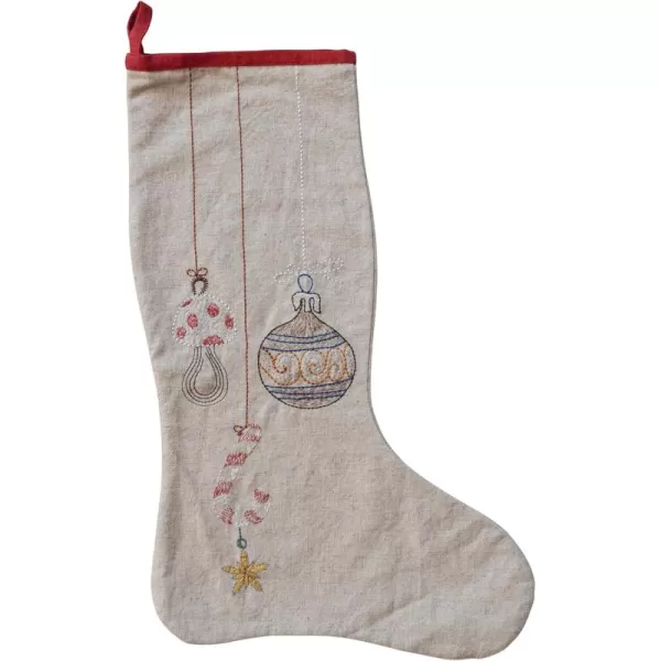 imageCreative CoOp Multicolor Cotton and Linen Stocking with Embroidered Ornaments and Red Edge