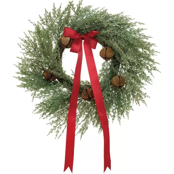 imageCreative CoOp Round Faux Wreath with Red Ribbon and Rust Finish Metal Bells