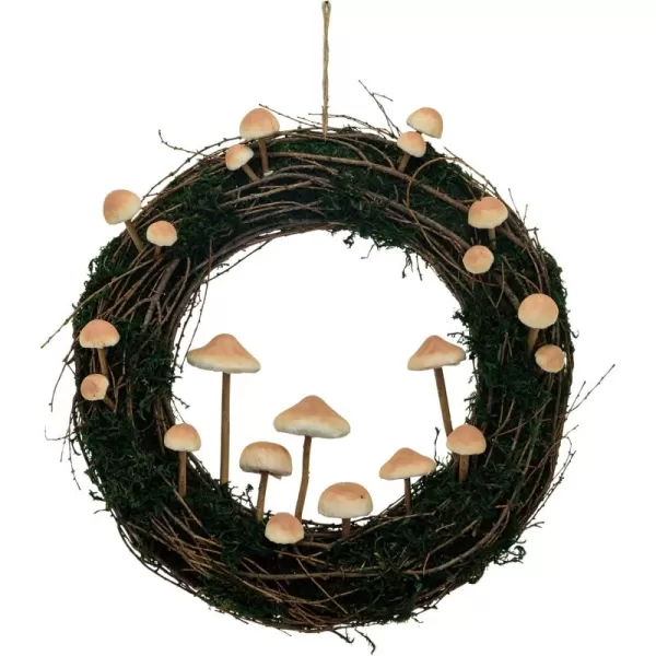 imageCreative CoOp Round Twig and Moss Wreath with Foam Mushrooms Natural and Tan Color