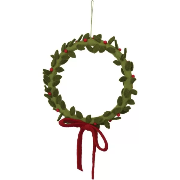 imageCreative CoOp Round Wool Felt Wreath with Berries and Velvet Bow Green and Red