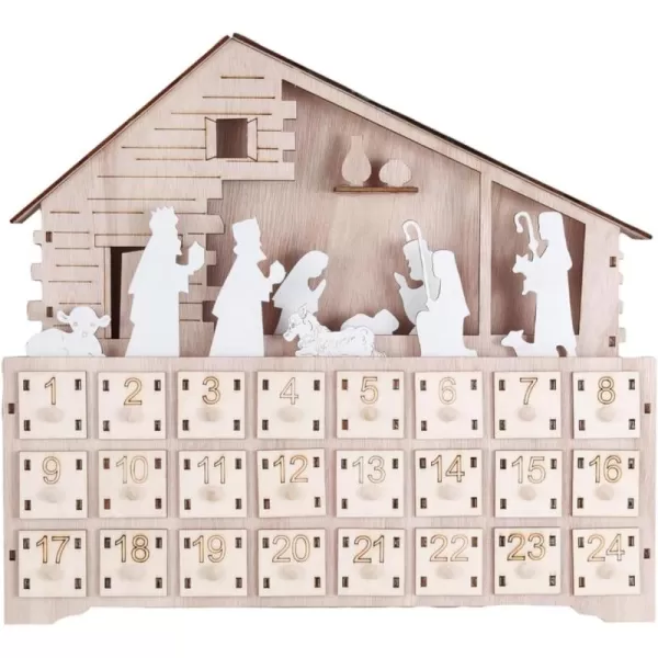 imageCreative CoOp Wood Laser Cut Nativity Advent Calendar with LED Light and Drawers Natural