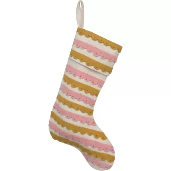 imageCreative CoOp Wool Felt Stocking with Appliqued Scallops and Beads Pink Cream and Mustard