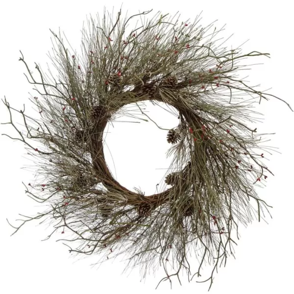 imageRound Faux Long Needle Pine Wreath with Twigs and Red Rice Berries Sage