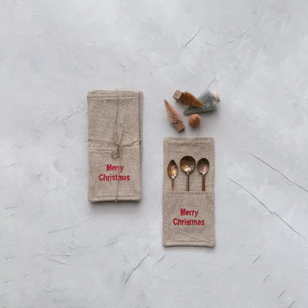 imageCreative CoOp 1012quotL x 5quot W Woven Cotton Cutlery Sleeves wEmbroidery Merry Christmas Beige ampamp Red Set of 4