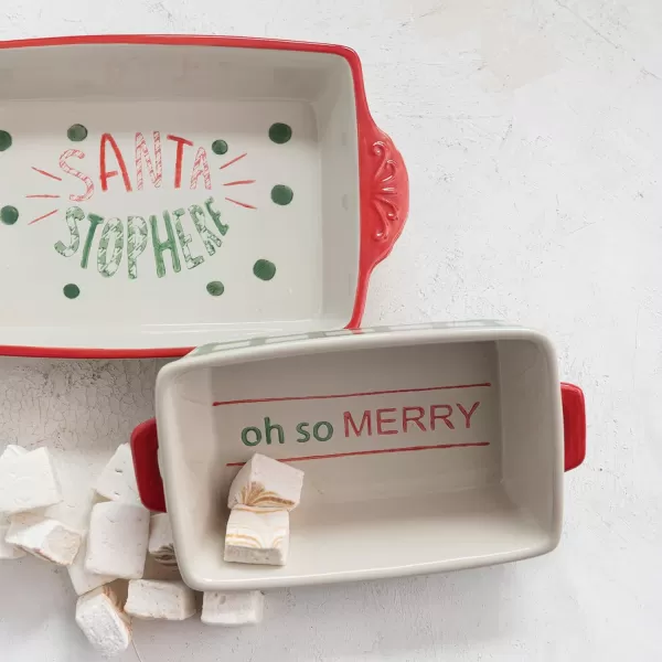 imageCreative CoOp 12quot L x 634quotW x 3quot H 2 Quart HandPainted Stoneware Baker wHandles Oh So Merry Red ampamp Green