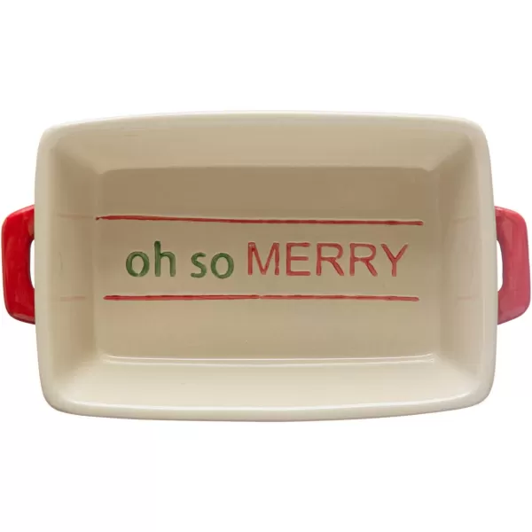 imageCreative CoOp 12quot L x 634quotW x 3quot H 2 Quart HandPainted Stoneware Baker wHandles Oh So Merry Red ampamp Green
