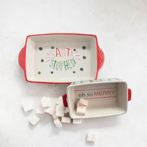 imageCreative CoOp 12quot L x 634quotW x 3quot H 2 Quart HandPainted Stoneware Baker wHandles Oh So Merry Red ampamp Green