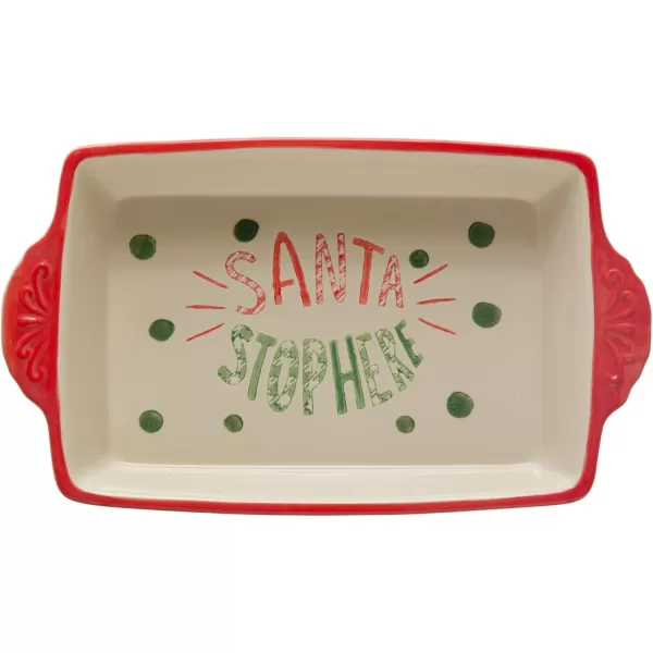 imageCreative CoOp 1512quotL x 9quot W x 214quotH 212 Quart HandPainted Stoneware Baker wHandles ampamp Red Rim Santa Stop Here Red ampamp Green