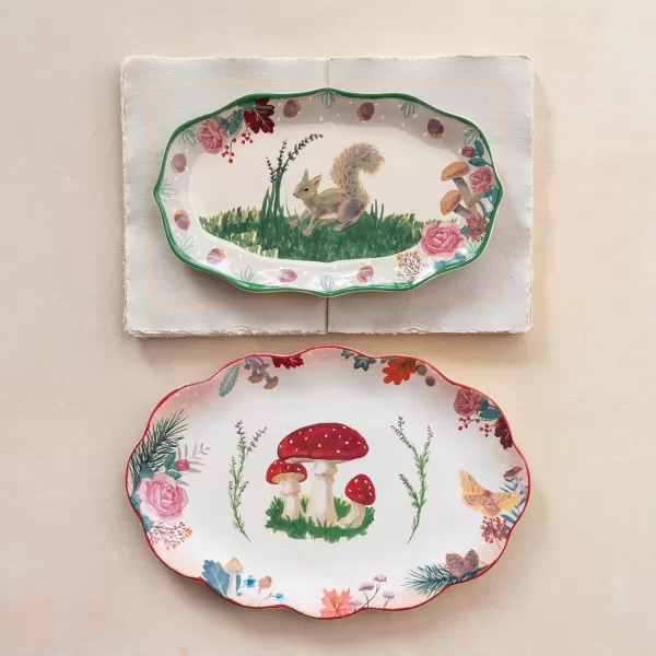 imageCreative CoOp Ceramic Platter with Woodland Flora and Red Rim Multi Color