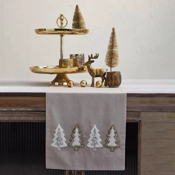 imageCreative CoOp Cotton Chambray Table Runner with Embroidered Tufted Trees and Beads Natural