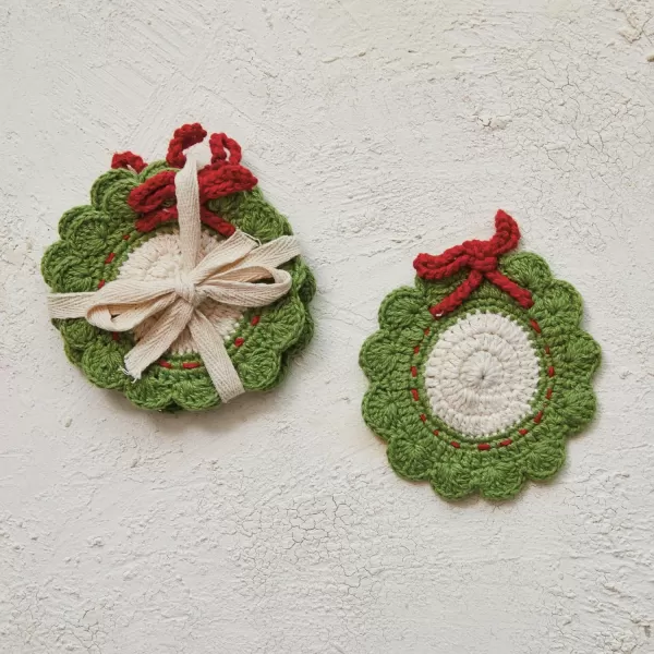 imageCreative CoOp Cotton Crocheted Wreath Shaped Coasters Green Red and White Set of 4