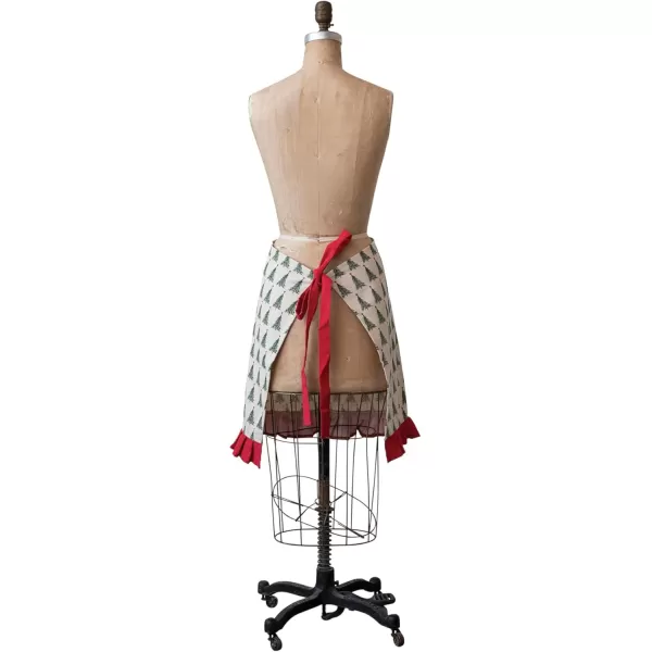 imageCreative CoOp Cotton Printed Half Apron with Christmas Tree Pattern Pocket and Ruffle Natural Green and Red