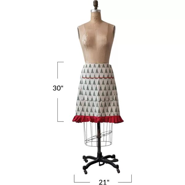 imageCreative CoOp Cotton Printed Half Apron with Christmas Tree Pattern Pocket and Ruffle Natural Green and Red