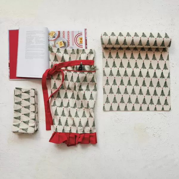 imageCreative CoOp Cotton Printed Half Apron with Christmas Tree Pattern Pocket and Ruffle Natural Green and Red