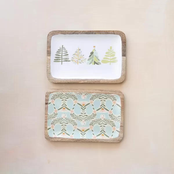 imageCreative CoOp Enameled Mango Wood Trays with Dove and Trees Patterns Multicolor Set of 2