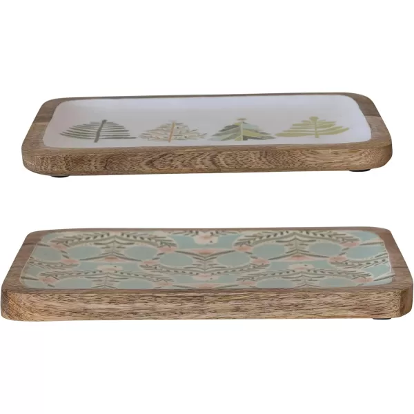 imageCreative CoOp Enameled Mango Wood Trays with Dove and Trees Patterns Multicolor Set of 2