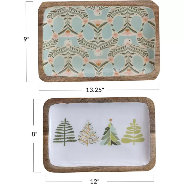 imageCreative CoOp Enameled Mango Wood Trays with Dove and Trees Patterns Multicolor Set of 2