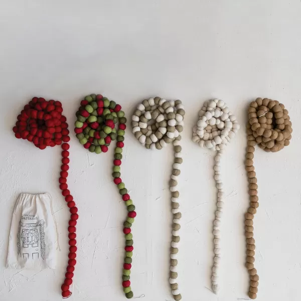 imageCreative CoOp Handmade Wool Felt Ball Garland in Printed Drawstring Bag Cream Color