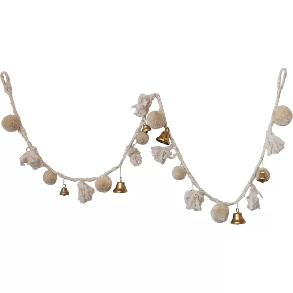 imageCreative CoOp Handmade Wool and Cotton Blend Pom Pom and Bell Garland Natural and Brass Finish