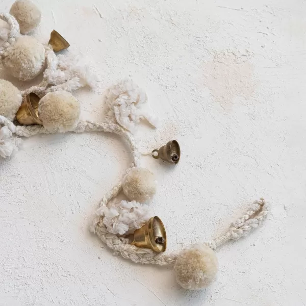 imageCreative CoOp Handmade Wool and Cotton Blend Pom Pom and Bell Garland Natural and Brass Finish