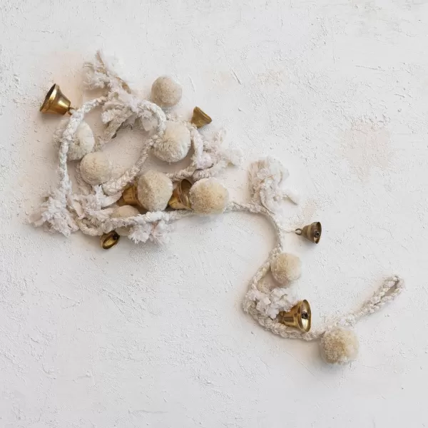 imageCreative CoOp Handmade Wool and Cotton Blend Pom Pom and Bell Garland Natural and Brass Finish
