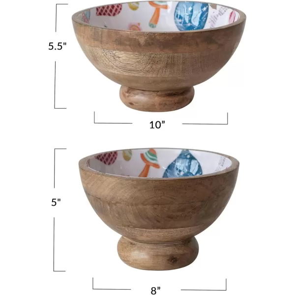 imageCreative CoOp Mango Wood Footed Bowls with Seasonal Pattern Multicolor Set of 2