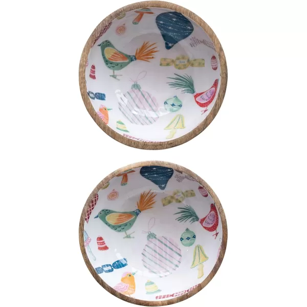 imageCreative CoOp Mango Wood Footed Bowls with Seasonal Pattern Multicolor Set of 2