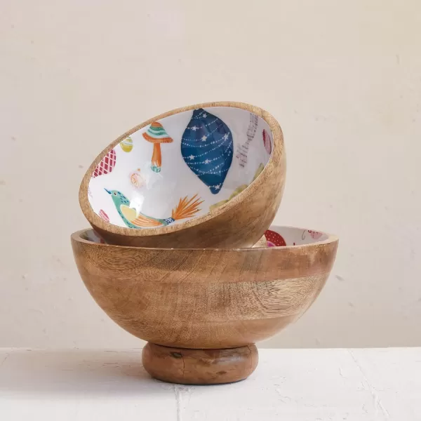 imageCreative CoOp Mango Wood Footed Bowls with Seasonal Pattern Multicolor Set of 2