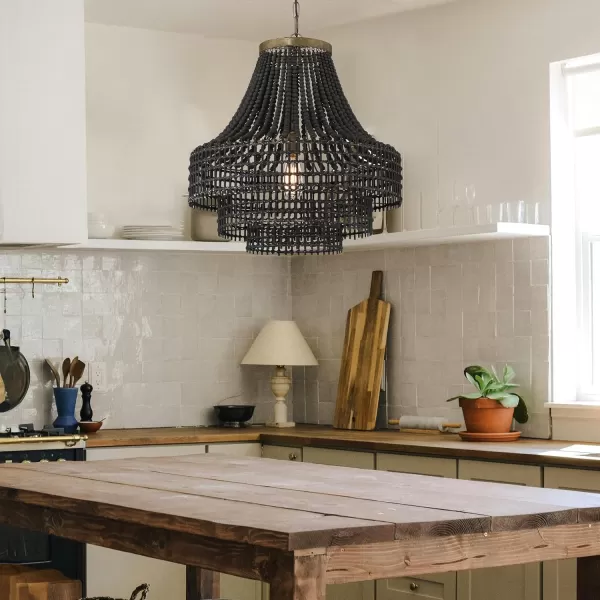 imageCreative CoOp Metal Rattan and Wood Bead Chandelier BlackBlack